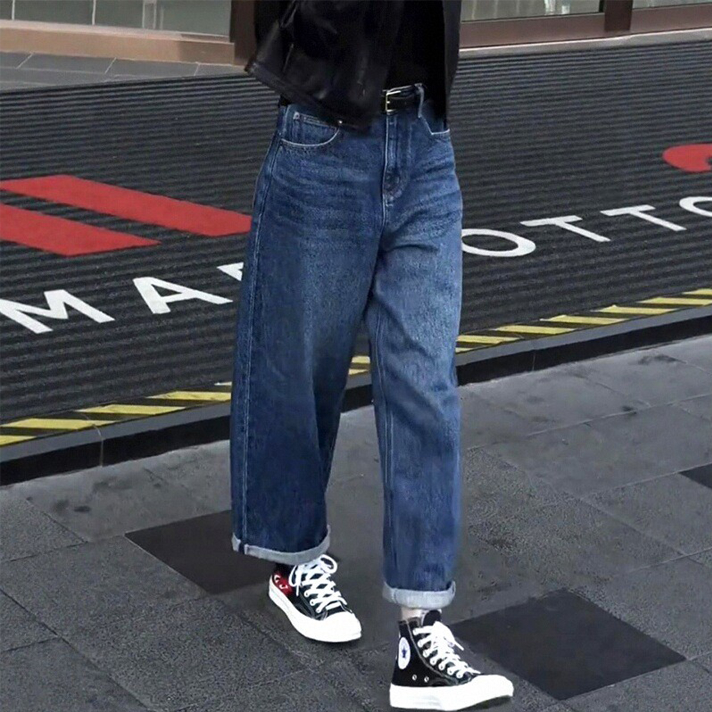 大码蓝色加绒直筒牛仔裤