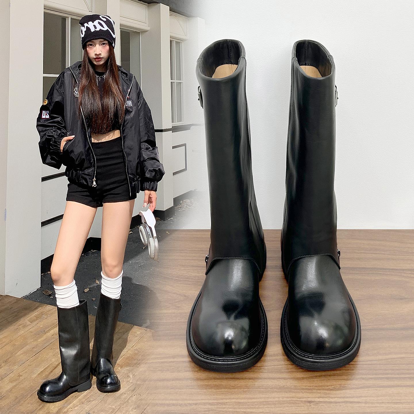 头层牛皮长筒靴女2025新款秋冬爆款靴子真皮黑色高筒骑士靴高级感