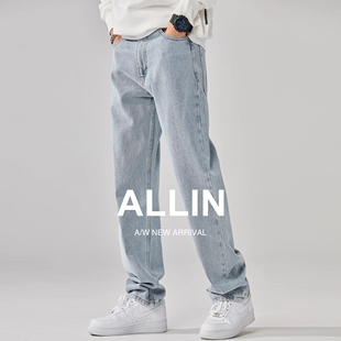 ALLN 浅蓝色水洗牛仔裤男美式复古潮牌纯棉垂感直筒宽松阔腿裤子