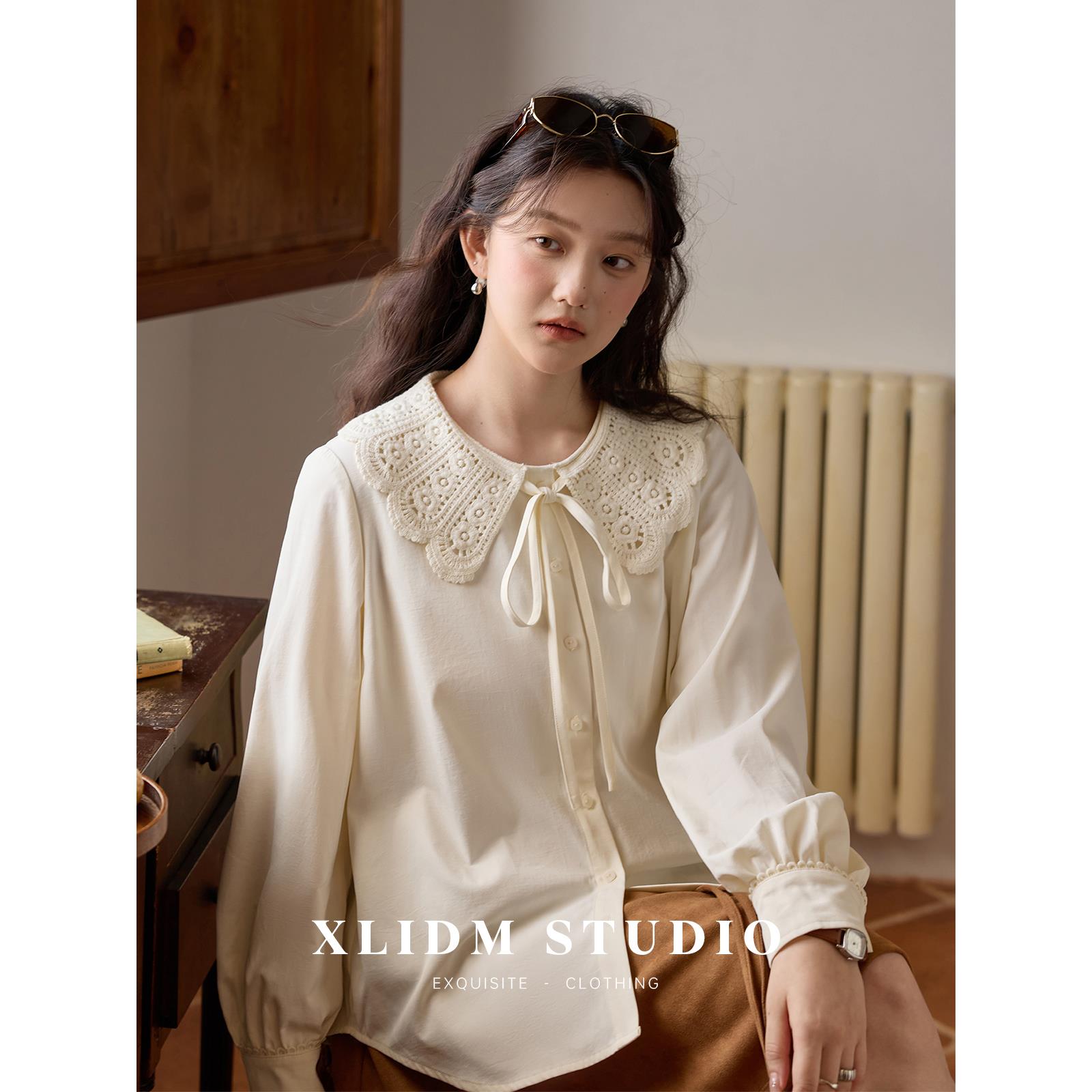 小俪大码女装 大码定制娃娃领秋季新品磨毛宽松直筒正肩衬衫女