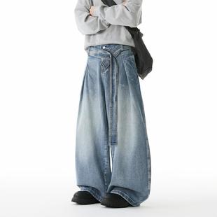 美式水洗腰带设计弯刀牛仔裤男冬季高街廓形垂感弯刀裤休闲阔腿裤