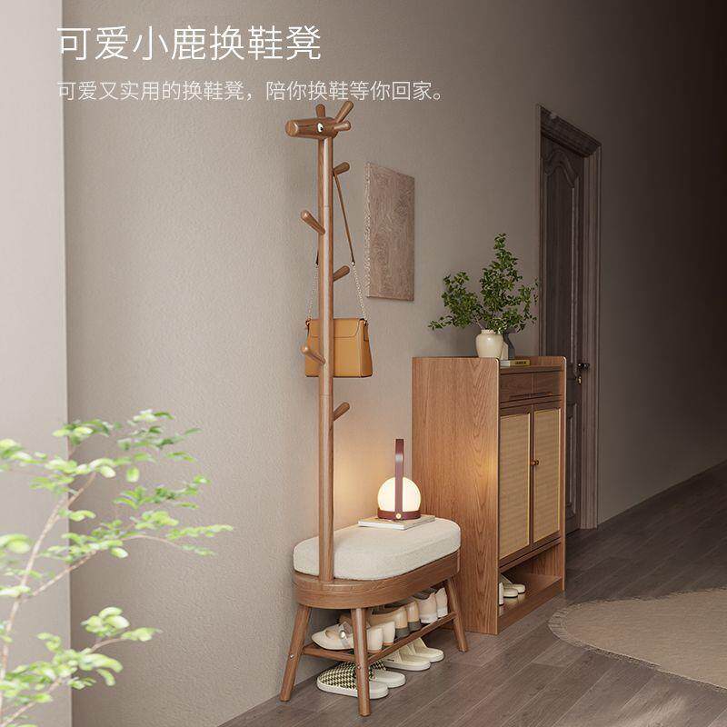 实木小鹿坐换鞋凳衣一体家用门口架挂可鞋柜入户衣帽架无品牌/试