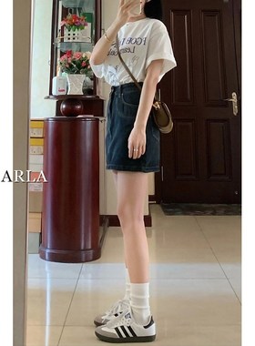 深蓝色牛仔短裙女高腰夏季大码显瘦胖mm梨形身材小个子a字半身裙