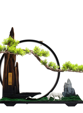 新中式禅意摆件底座风化实木家居摆件客厅办公室玄关书房铁艺灯圈