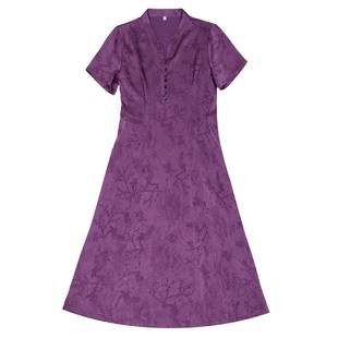 中老年女装连衣裙短袖夏款v领时尚简约妈妈款显瘦气质中长款裙子