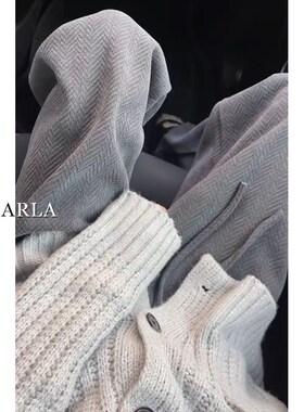 深灰色纹理感休闲裤女春秋高腰大码胖mm显瘦梨形身材窄版直筒裤子