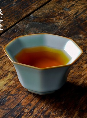 聚器堂天青汝窑陶瓷主人杯大号可养开片八方杯单杯茶盏八方聚财杯