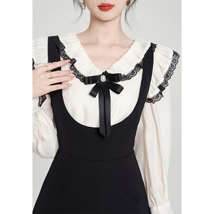 法式荷叶边衬衫背带短裤两件套女秋装高级感时髦洋气休闲时尚套装