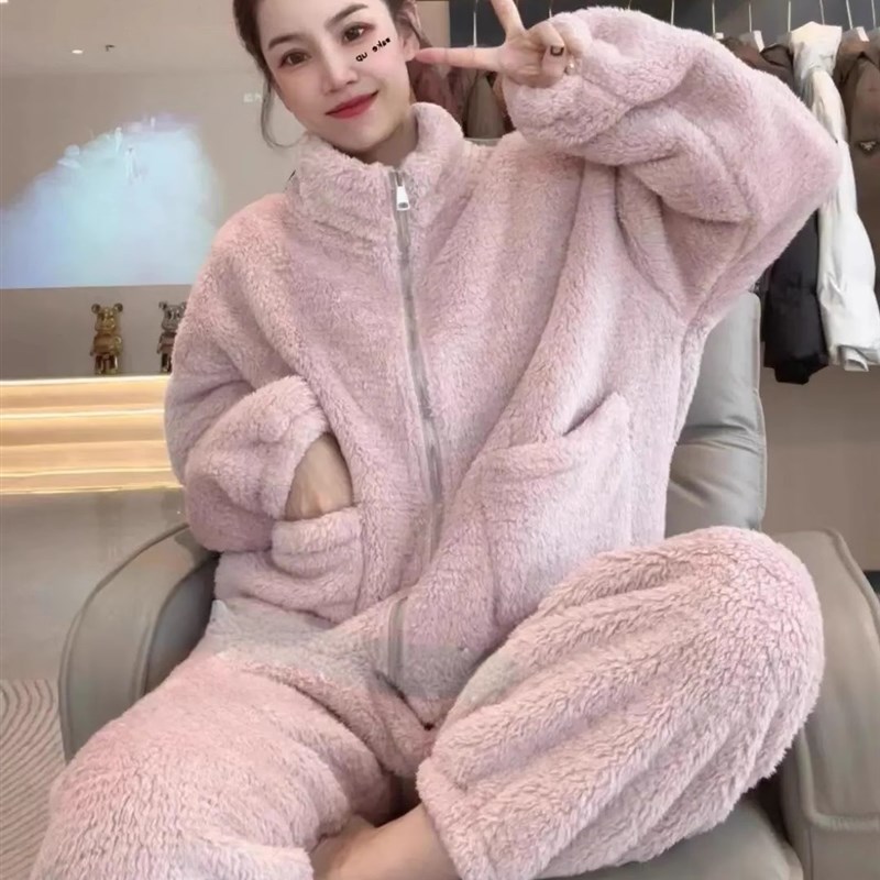 珊瑚绒睡衣女2024冬季新款立领加绒加厚保暖法兰绒家居服两件套潮