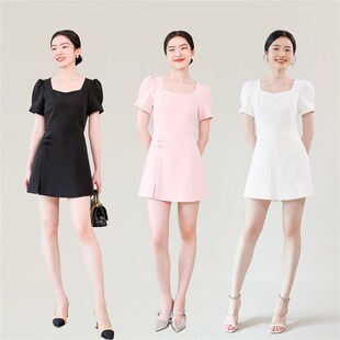 TANSSHOP 新中式设计连体裤 方领短袖修身盘扣开叉短裙摆连衣短裤