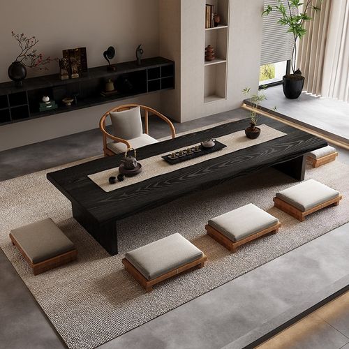 榻榻米茶桌实木黑色茶几中古侘寂风泡茶桌禅意日式茶室茶台矮桌