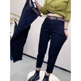 秋冬新款梨型身材大码哈伦牛仔裤女弹力高腰胖mm宽松显瘦老爹裤子