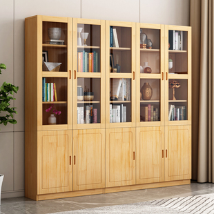 实木书柜一体到顶落地书架置物架带玻璃门储物柜家用整墙组合书橱