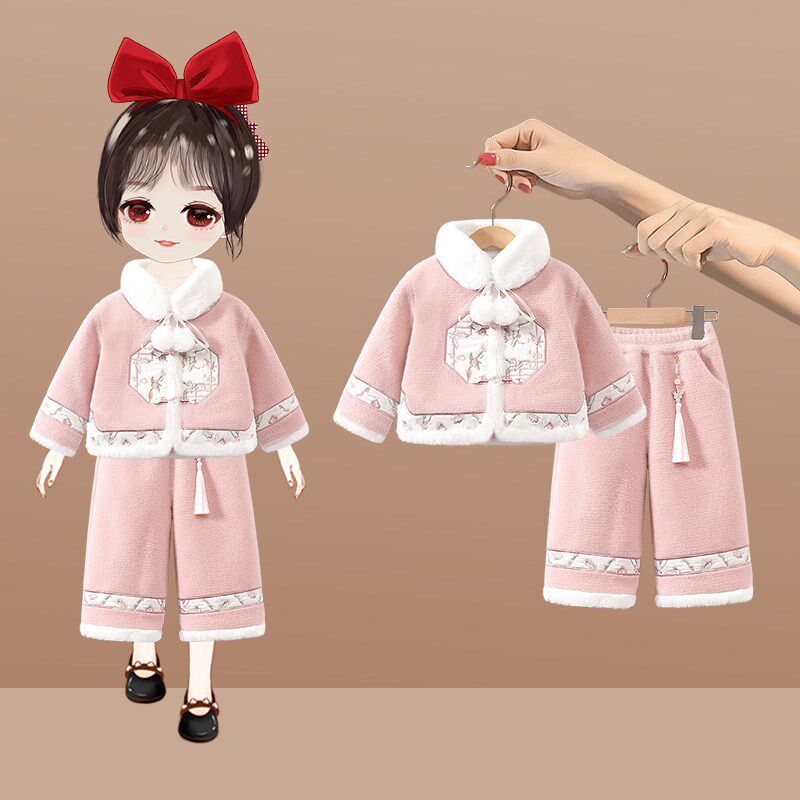 女童套装秋冬季洋气宝宝周岁礼服国风唐装儿童冬装加绒外套两件套