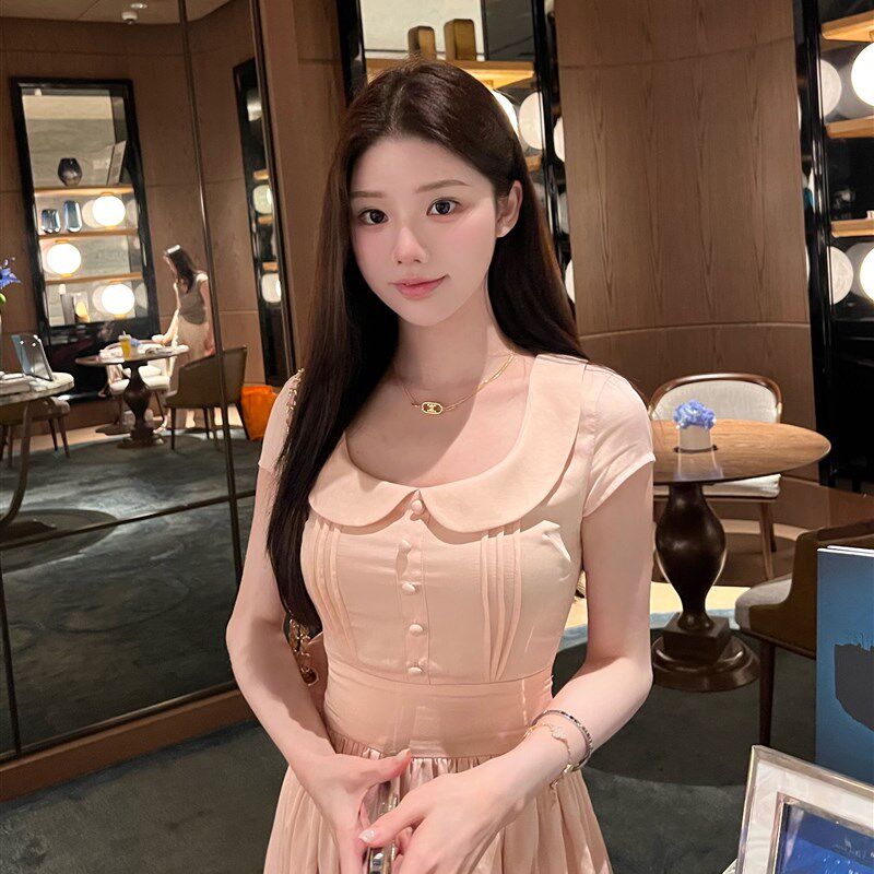 green大姐姐【粉显白茶】乖少女气质小百花娃娃领收腰连衣裙长款