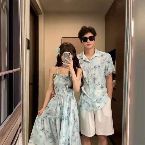 海边亲子装一家三口夏威夷沙滩衬衫港风母子母女装连衣裙雪纺