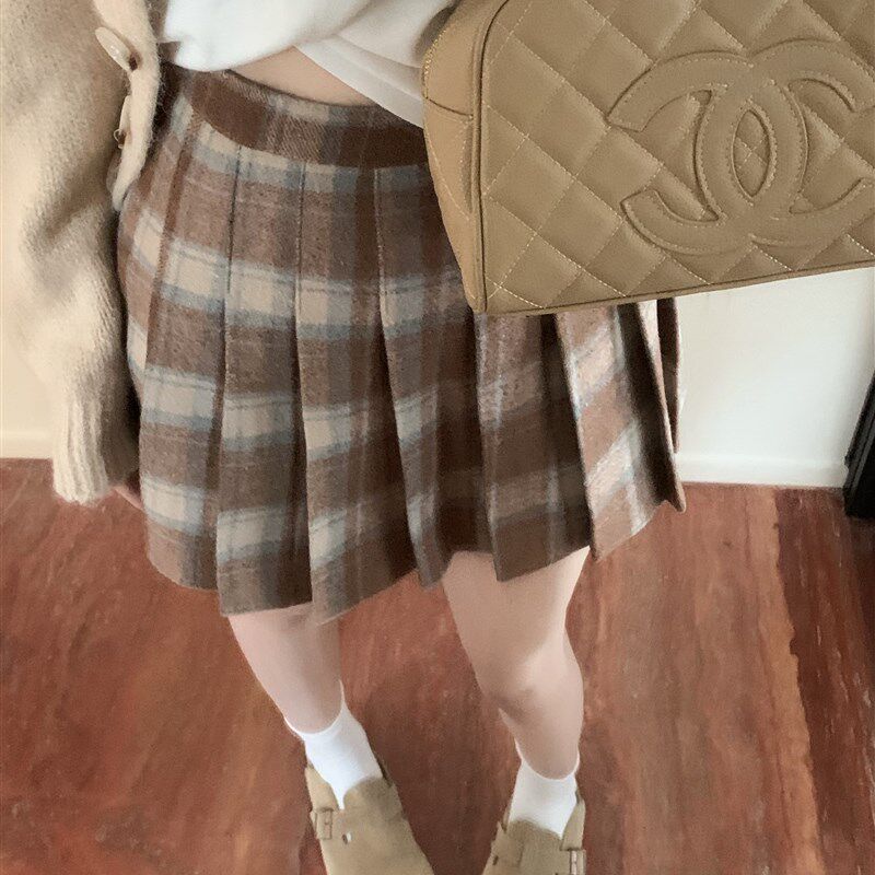 复古毛呢裙格子百褶裙秋冬新款大码美式气质短裙红色a字半身裙女