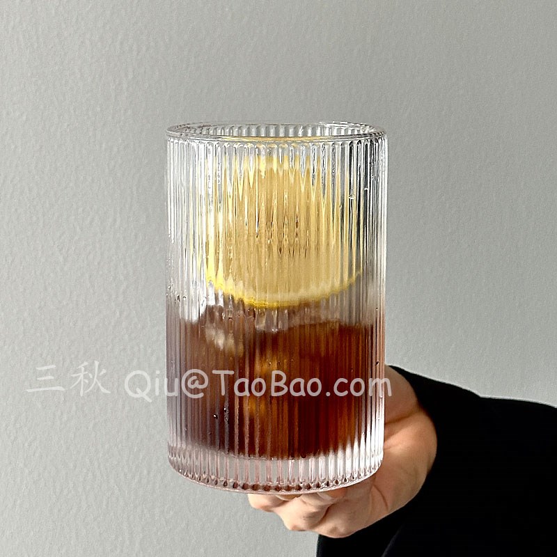 三秋Sanq复古条纹玻璃杯大容量喝水杯冰美式咖啡杯冷饮杯水果茶杯