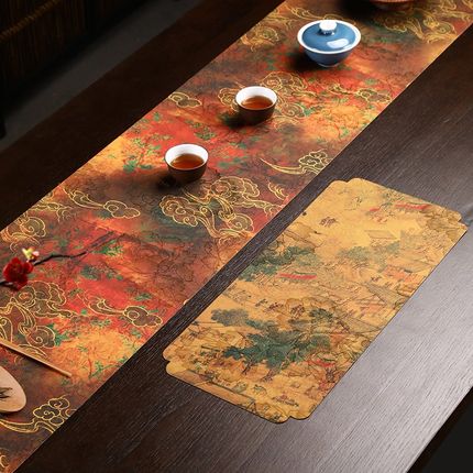 织锦茶席新中式复古主人席家用防水双面桌旗缎面长方形布艺茶垫子