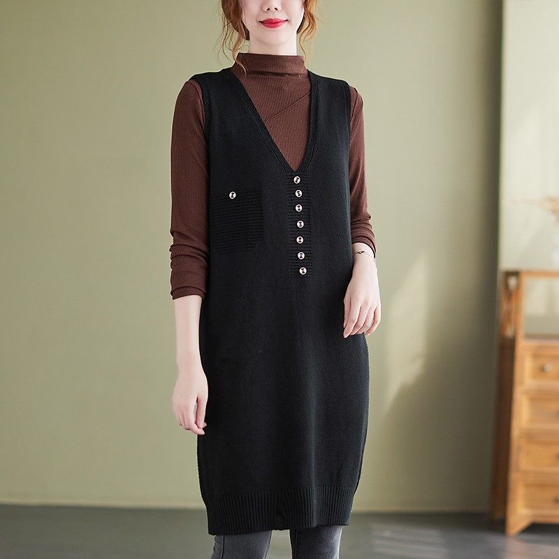 无袖背心裙女秋冬外穿长款马甲毛衣裙过膝宽松V领打底针织连衣裙