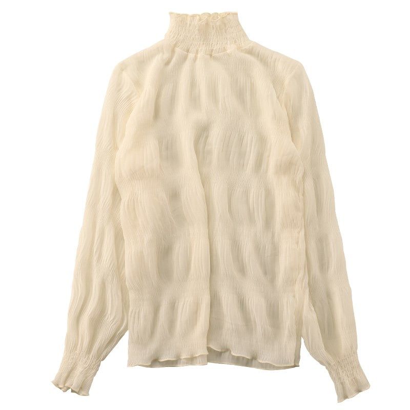 半高领蕾丝打底衫女秋冬2024新款叠穿薄款纱衣内搭喇叭袖雪纺衫女