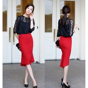红色半身裙鱼尾裙2025春季女高腰包臀裙黑色中长款白色修身半裙