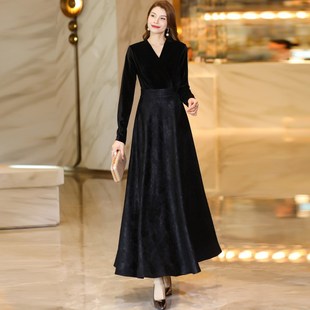 V领长裙收腰显瘦复古气质长裙打底裙子 女士长袖 2024秋冬季 新款