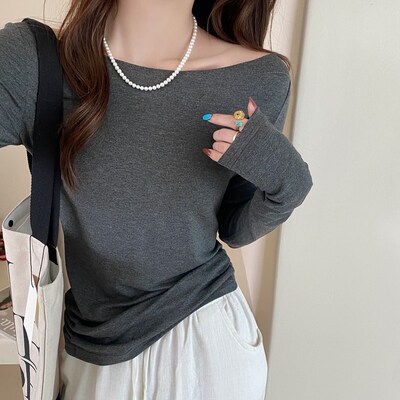粉色甜美一字肩修身长袖T恤女2025早春季新款外穿设计感斜肩上衣