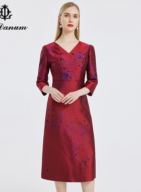 阿丹娜夏季红色V领收腰礼服气质蚕丝混纺A字连衣裙子气质淑女装