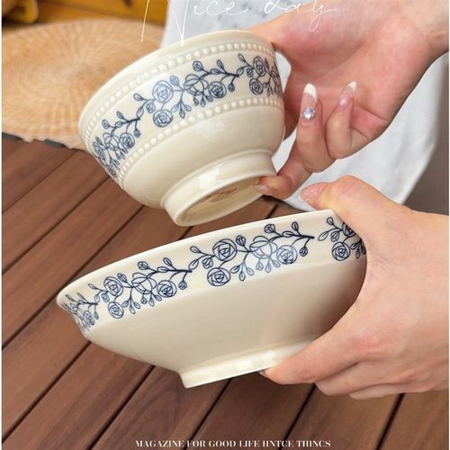 法式覆古蓝玫瑰面 面碗大汤碗高温釉下彩餐具家用高颜值碗大碗沙