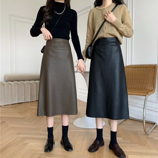 大码皮裙半身裙女秋冬长裙胖mm高腰显瘦a字裙中长款开叉一步裙子