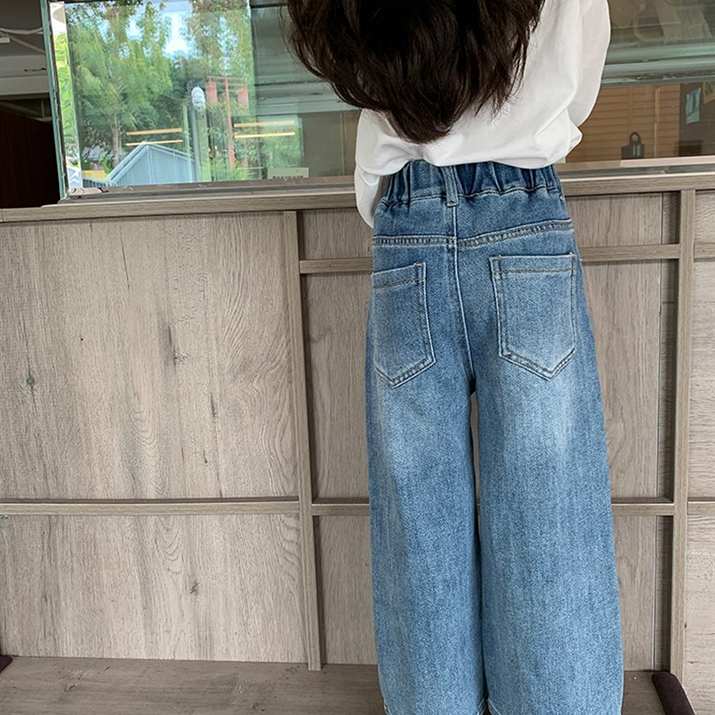 依依妈2023秋装新款儿童长裤女童时髦休闲百搭直筒水洗弹力牛仔裤