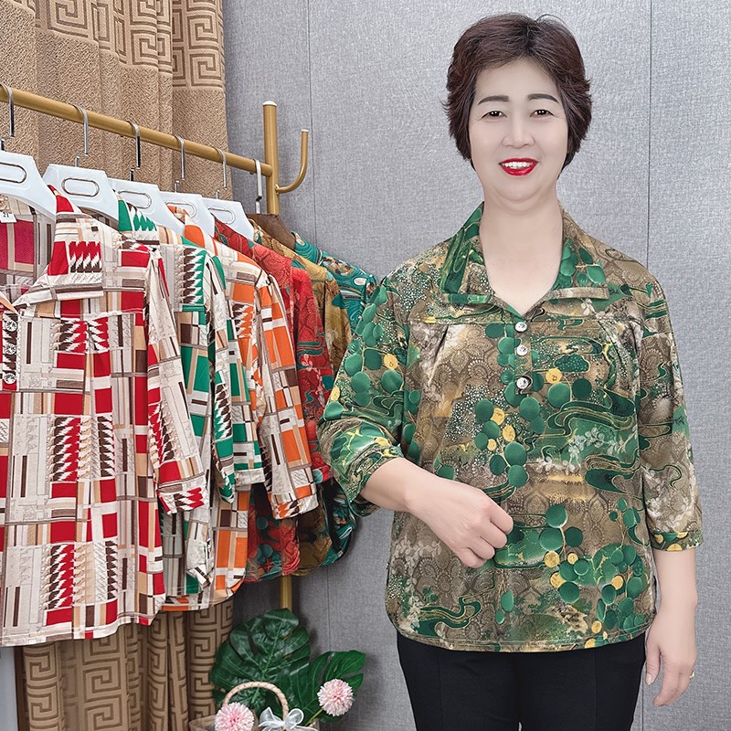 母亲节礼物中老年女装大码妈妈装翻领中袖上衣遮肚腩7分袖妈妈装