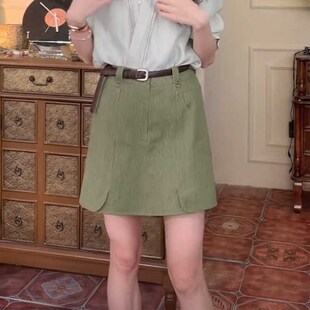 温敏er港风复古绿色a字半身裙女款夏季高腰显瘦休闲气质短裙裤子