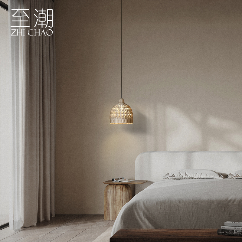 侘寂风藤编餐厅吊灯日式复古怀旧茶室民宿客厅卧室吧台床头原木灯