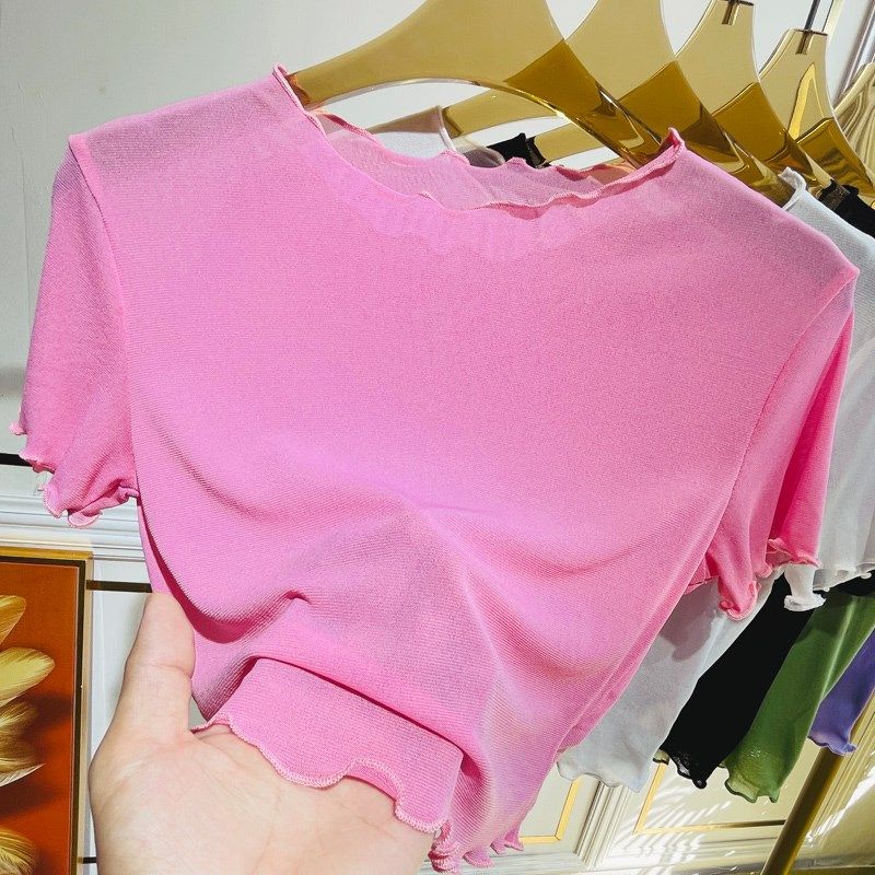 白色短款罩衫网纱打底衫女吊带裙内搭t恤薄款短袖蕾丝上衣女夏季