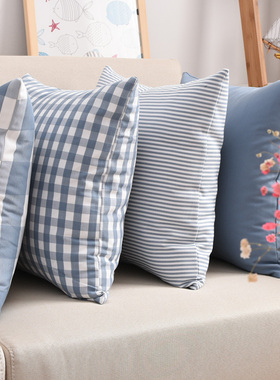 北欧大格子靠垫客厅沙发抱枕蓝色抱枕套靠枕套不含芯50床头靠背垫