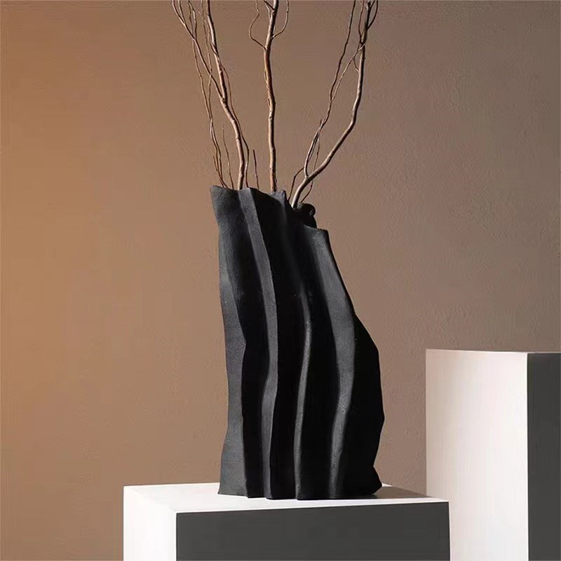 简约抽象山川形干花插花器样板间玄关桌面装饰品黑白生肖牛摆件