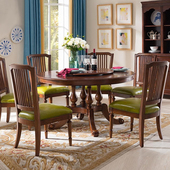 美式 小户型带转盘餐桌椅组合 实木餐桌别墅餐厅圆形吃饭桌子欧式