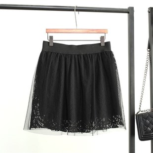 夏季 百搭蕾丝网纱绣花半身裙胖M蓬蓬裙A裙遮屁短裙外穿打底裙 大码
