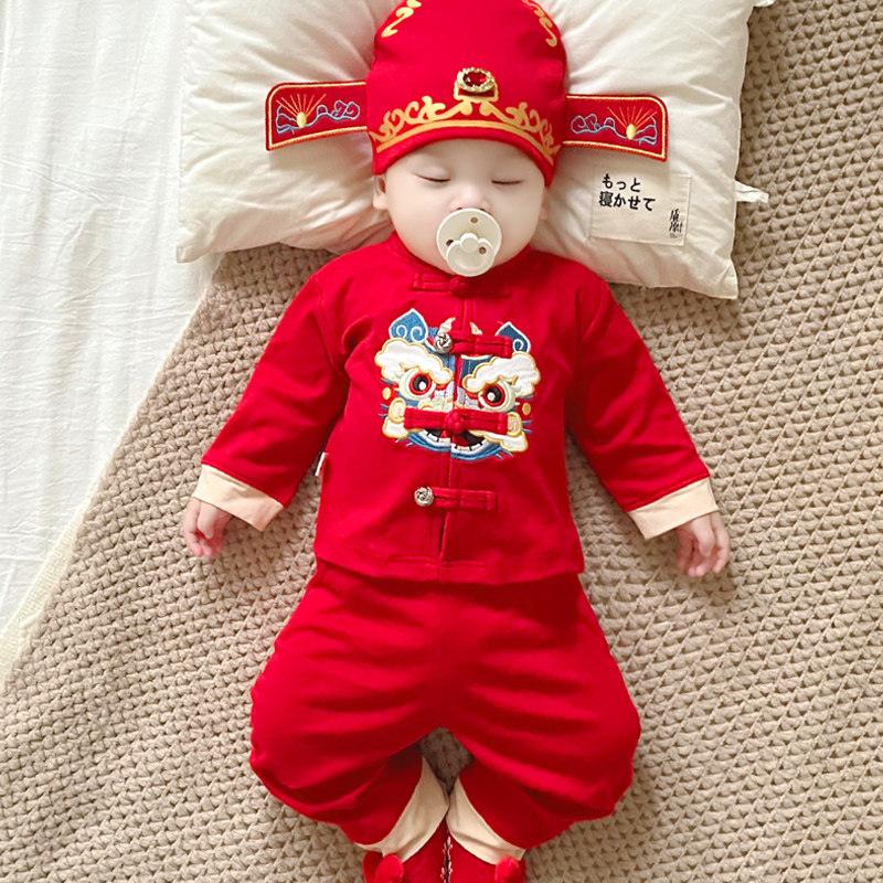 婴儿中国风秋冬季百岁宴过年服女童套装抓周冠衣一周岁礼服男宝宝