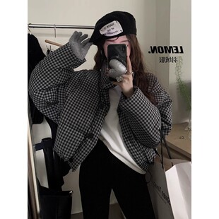 the lemon柠檬绿茶黑白格纹短款羽绒棉服女冬季小个子面包服外套