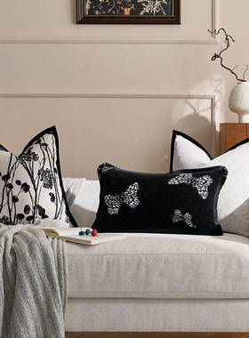 现代简约轻法复古风蝶CTH式提花抱枕靠垫黑蝴白奢客厅沙发靠垫中
