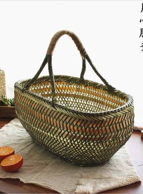 竹子圆篮篮手工KXA竹菜制品手提菜篮蔬鸡蛋篮水果收纳竹筐厂篮家