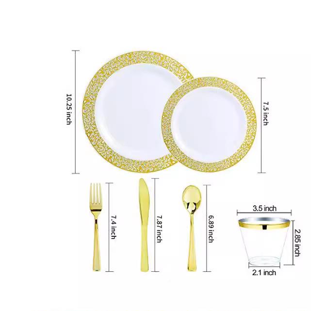 150P硬塑料一次S性餐盘PS仿瓷盘镂玫瑰金白底C空盘金刀叉WUV勺碟