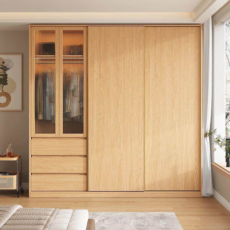 橡VYF木全实木推拉门衣家户用卧室小型代简约玻璃柜现门趟门衣柜