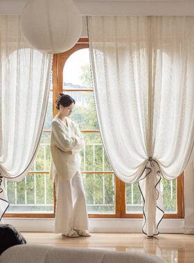 中古亚风麻黑边窗帘古窗纱透光透人客不厅阳台卧室法式现代JVT复
