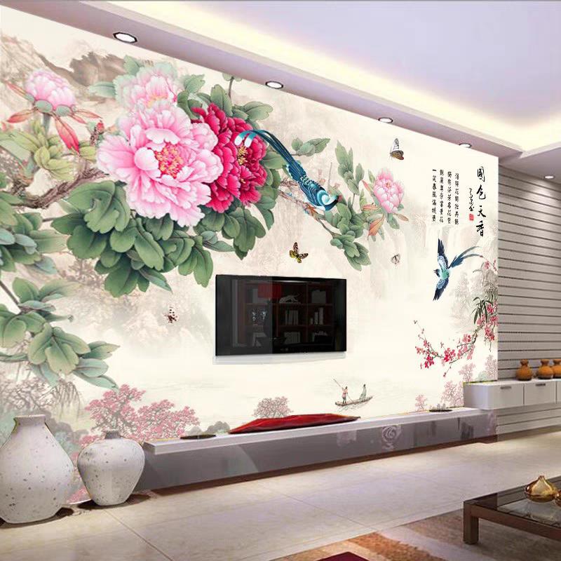 新中式牡丹花电视背景墙山水花鸟客厅沙发集成墙板家和富贵碳晶板
