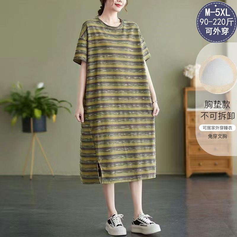 带胸垫大码睡衣女春夏季短袖加肥胖mm200斤孕妇条纹睡裙连衣裙5XL