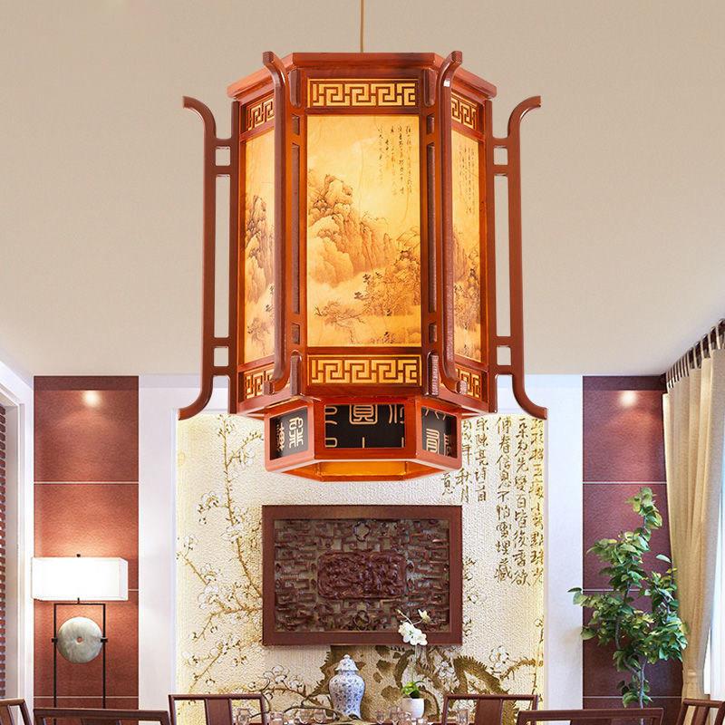 中式吊灯实木六角宫灯仿古茶楼寺庙祠堂灯笼中国风玄关走廊餐厅灯